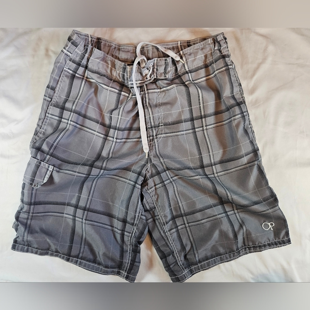 Op Mens Gray And White Ombre Drawstring Tie Waist Swim Trunks Size Medium